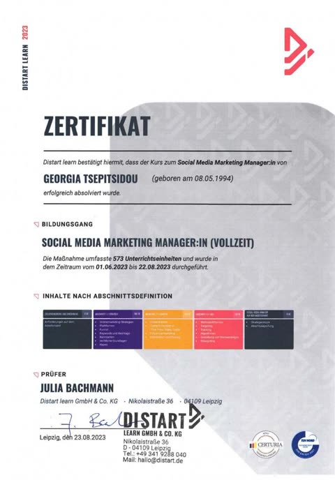 Zertifikat: Social Media Marketing Manager:in, Distart Learn